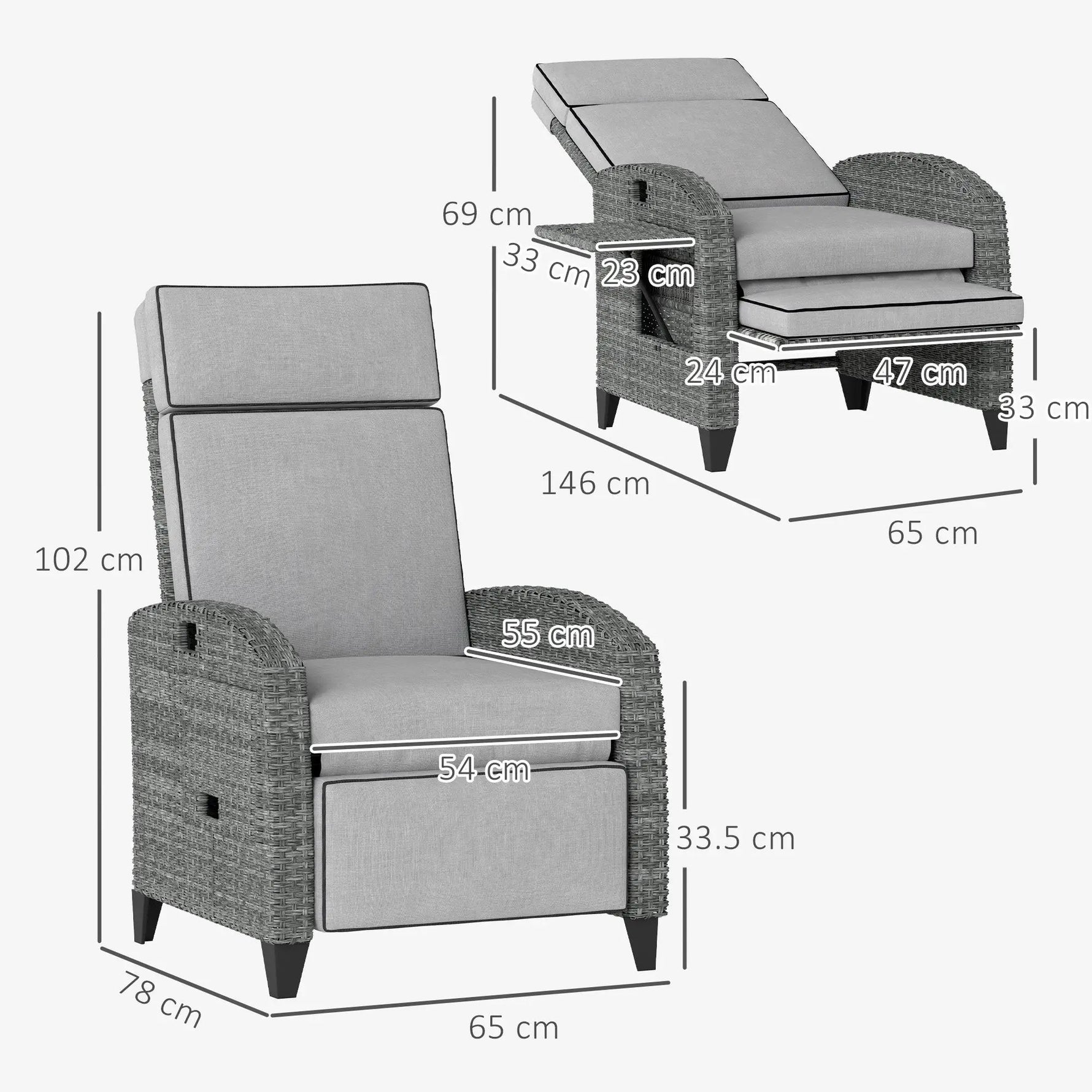 Outsunny Outsunny Outdoor Recliner Chair w/ Cushion Rattan Reclining Lounge Chair, Grey - Sun Lounger