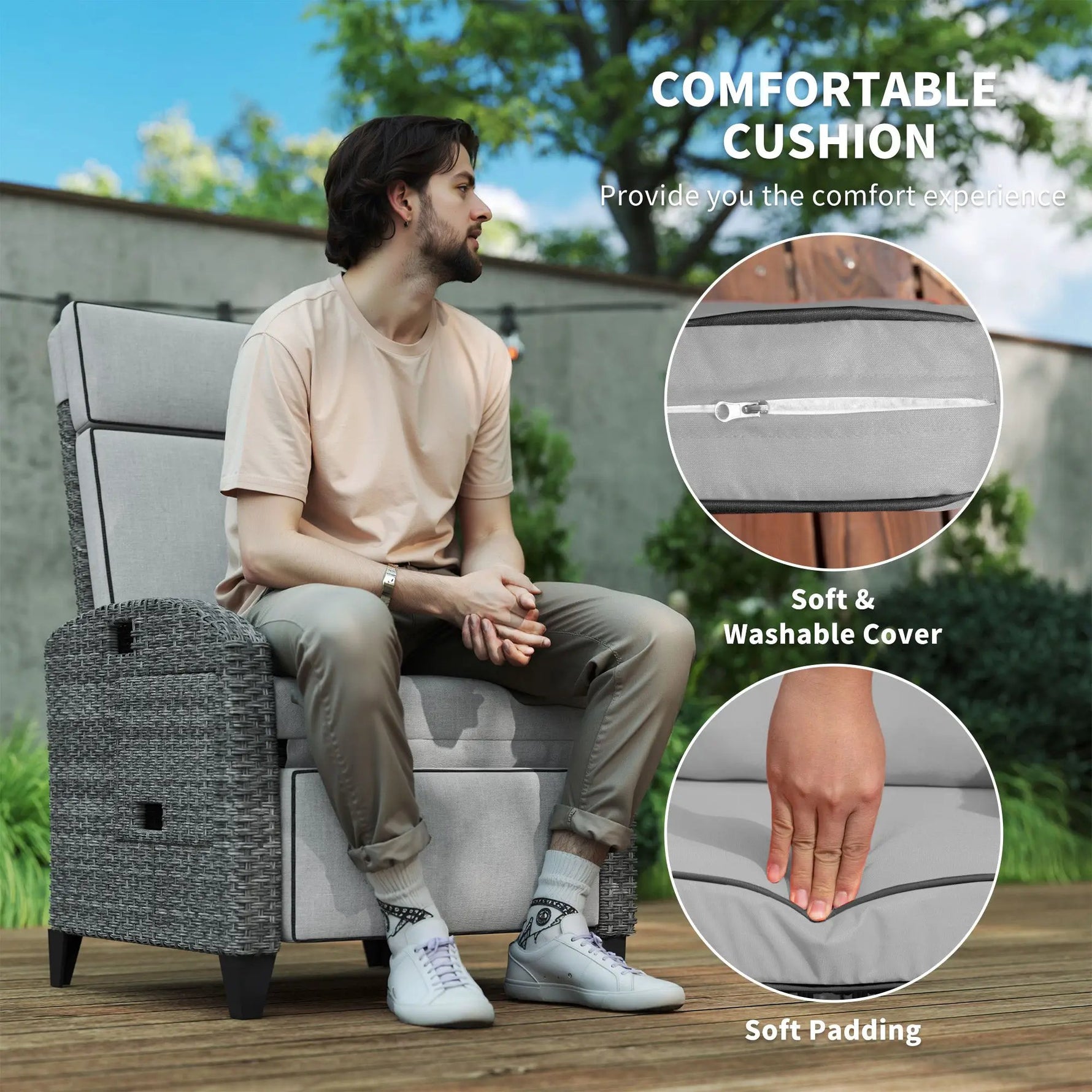 Outsunny Outsunny Outdoor Recliner Chair w/ Cushion Rattan Reclining Lounge Chair, Grey - Sun Lounger