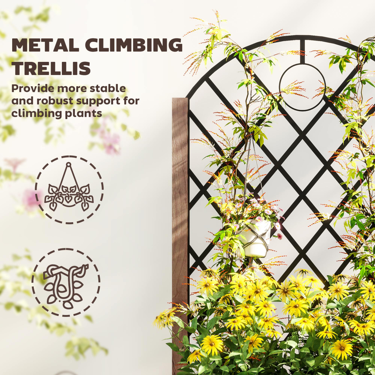 Outsunny wooden raised bed planter with metal back trellis and wheels, 20x47 cm planting area with drainage holes.