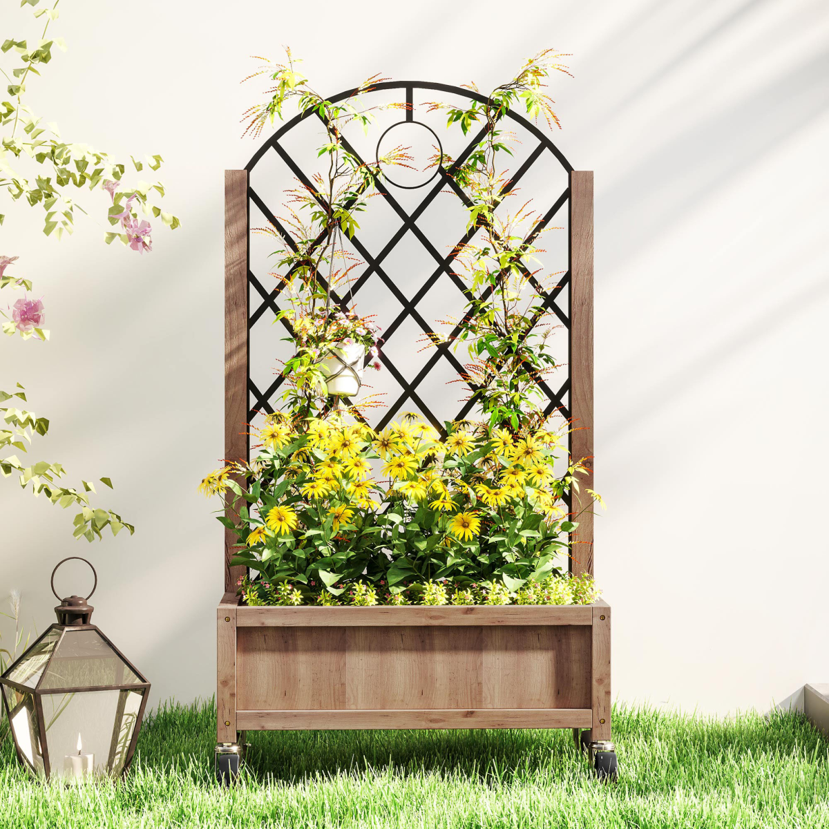 Outsunny wooden raised planter on wheels with a trellis, 20x47 cm planting area, climbing vines and yellow flowers.