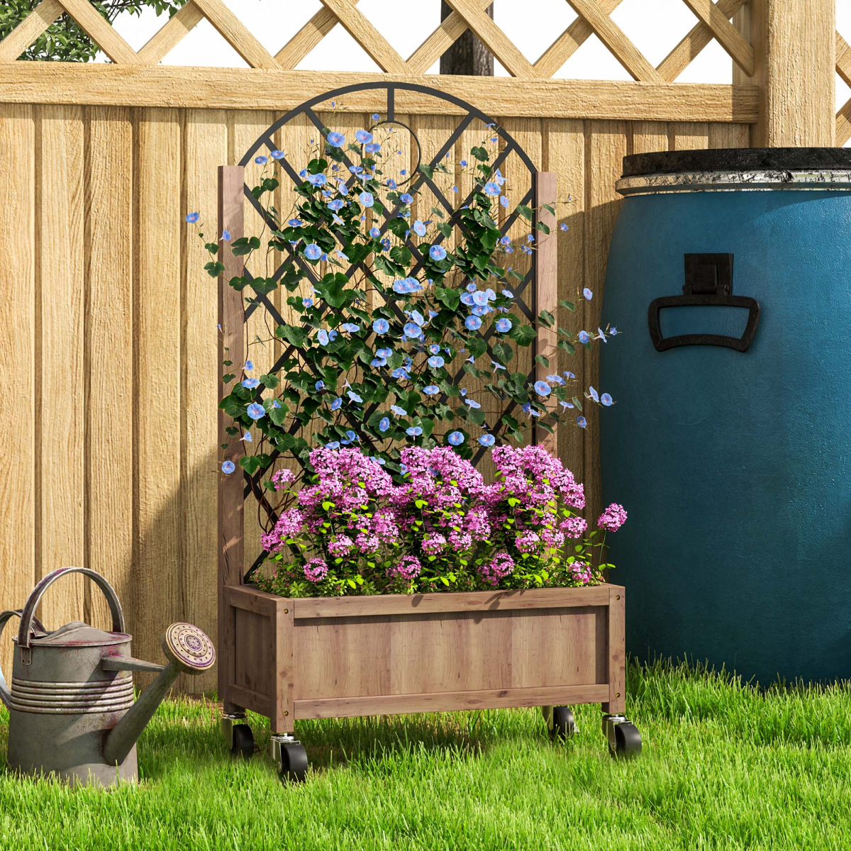 Outsunny wooden raised bed planter on wheels with a metal back trellis 20x47 cm planting area, blue and pink blooms.