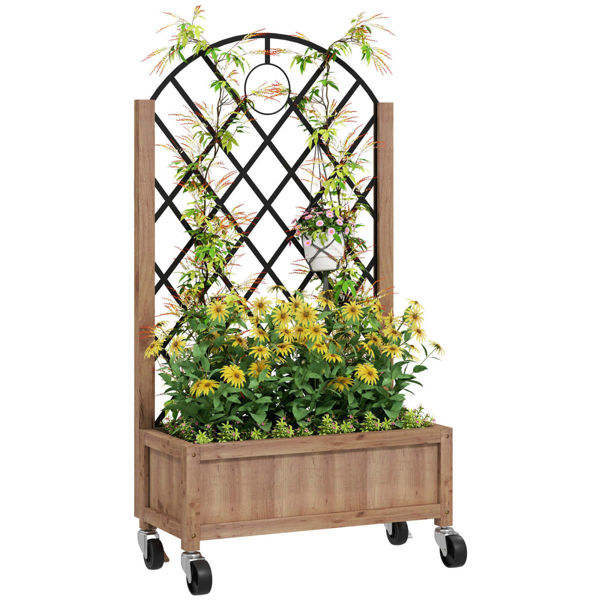 Outsunny wooden raised bed planter on wheels with trellis, 20x47 cm planting area, supporting climbing plants.