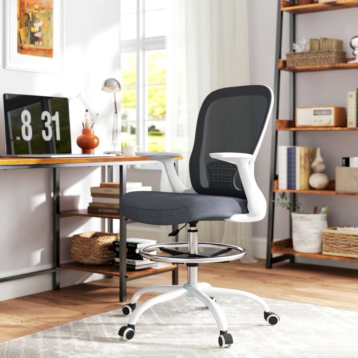 HOMCOM Drafting Chair Adjustable Height Breathable For Office with mesh back, lumbar support, flip-up armrests.