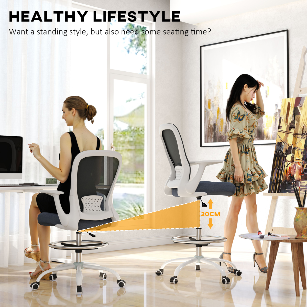 HOMCOM Drafting Chair Adjustable Height Breathable For Office ergonomic mesh back, cushioned seat, chrome foot ring.