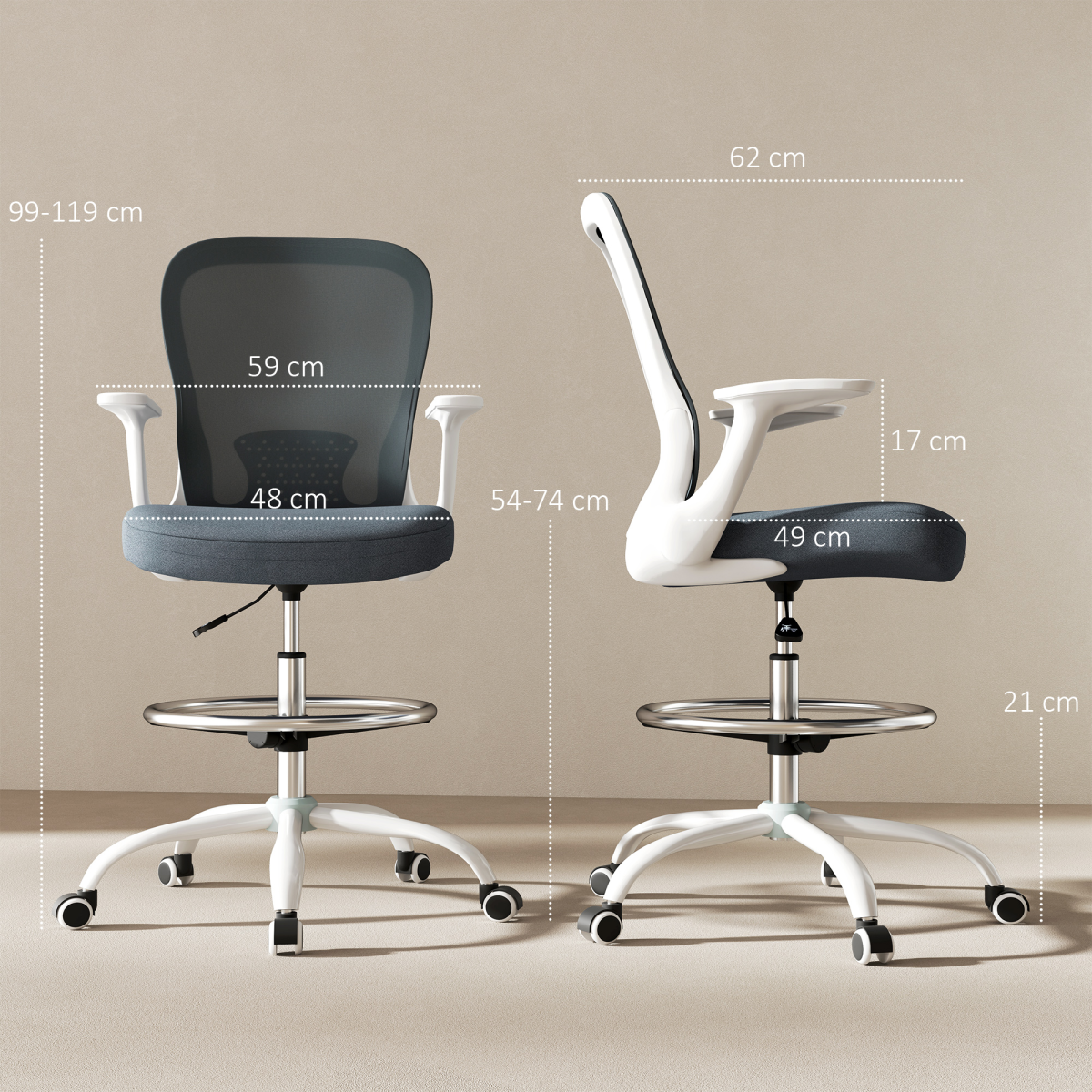 HOMCOM Drafting Chair Adjustable Height Breathable For Office with mesh back, cushioned seat & chrome foot ring