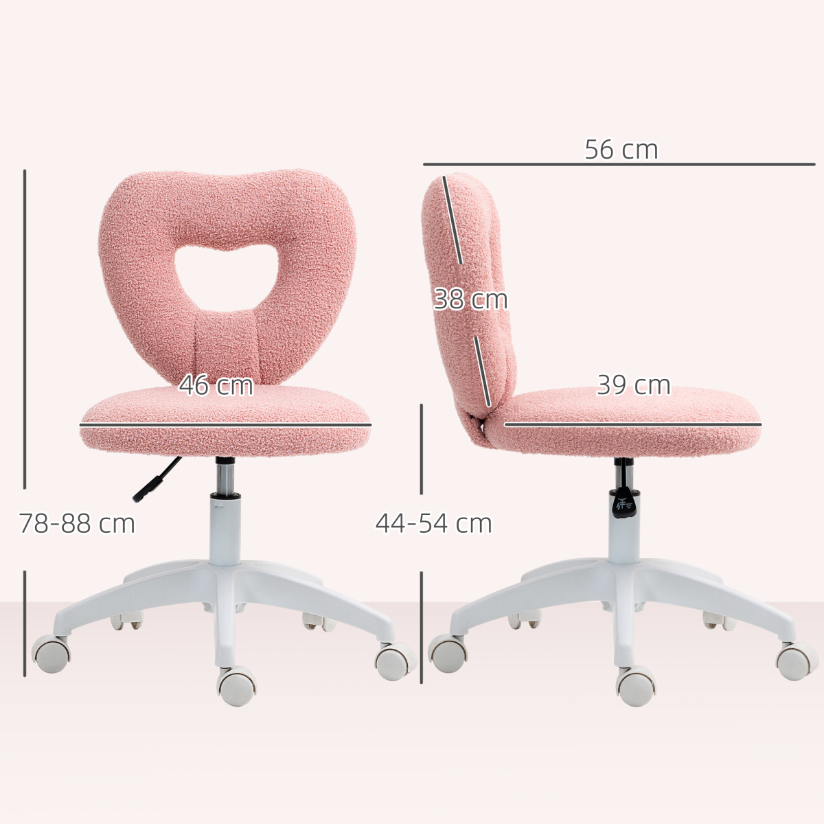 HOMCOM Armless Heart Desk Chair 16in Plush Fleece Vanity - pink plush heart-back vanity chair by HOMCOM.