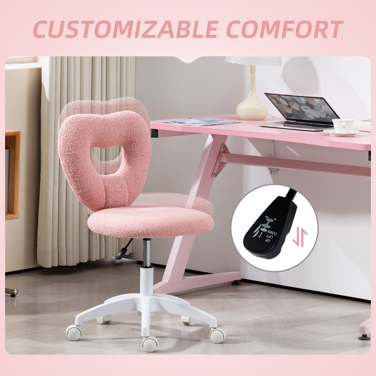 HOMCOM Armless Heart Desk Chair 16in Plush Fleece Vanity, a pink heart-backed chair for a cozy study nook or vanity.