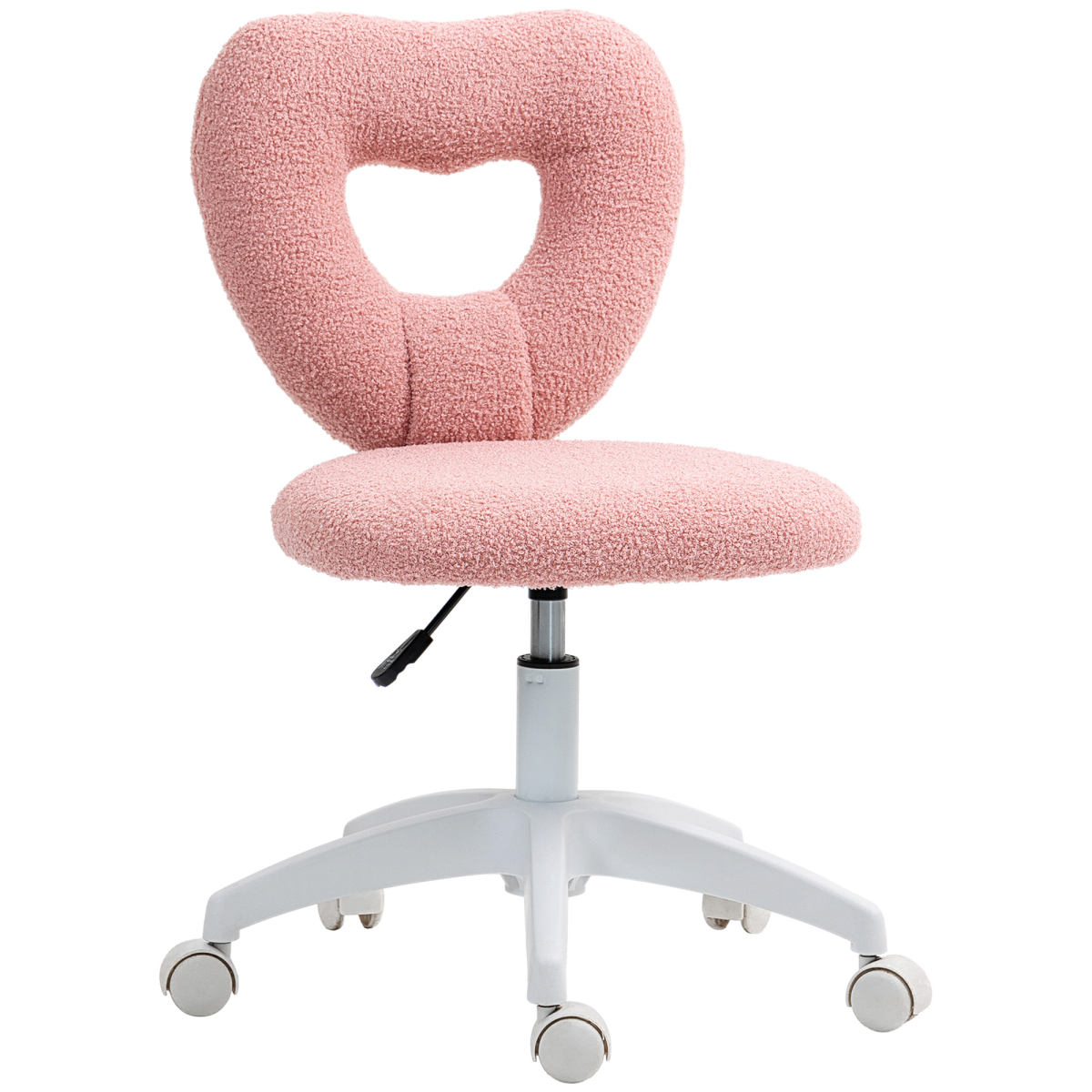 HOMCOM Armless Heart Desk Chair 16in Plush Fleece Vanity in pink teddy fleece with heart back and wheeled base.