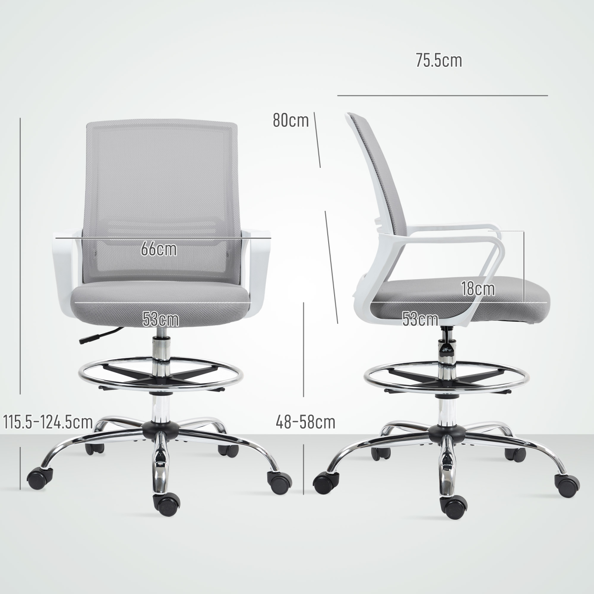 HOMCOM Draughtsman Chair Mesh Ergonomic Drafting Office with breathable mesh back and cushioned seat, white frame.