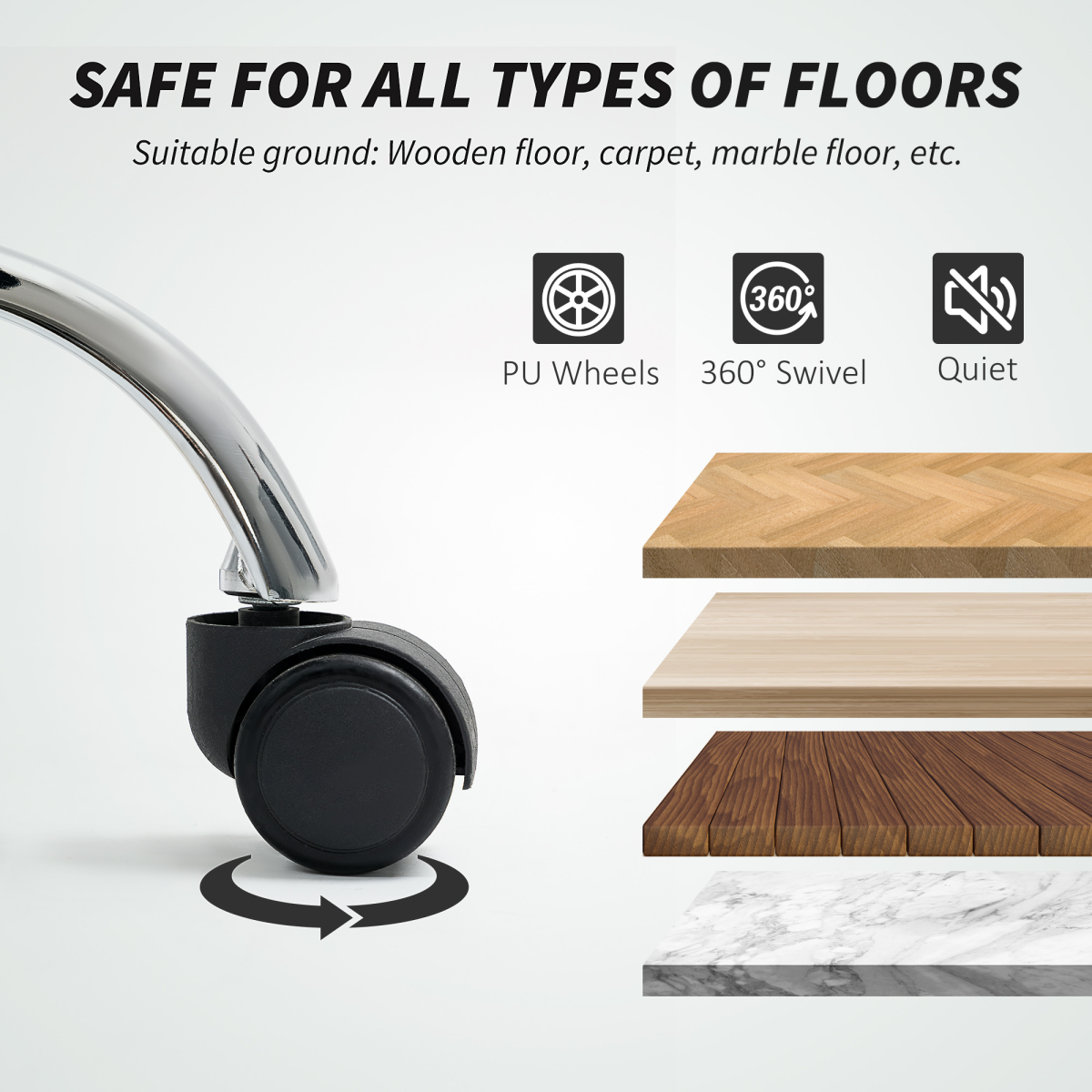 Close-up of HOMCOM Draughtsman Chair Mesh Ergonomic Drafting Office caster wheel and wood samples.