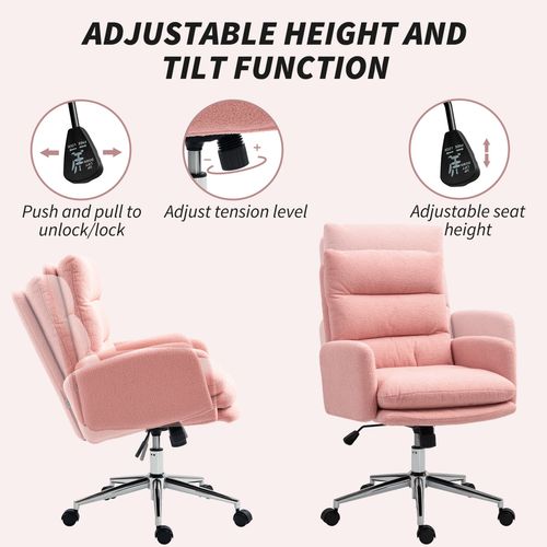 HOMCOM Height Adjustable Upholstered Desk Chair with Soft Padding and 360 Degree Swivel for Office Use in soft pink.