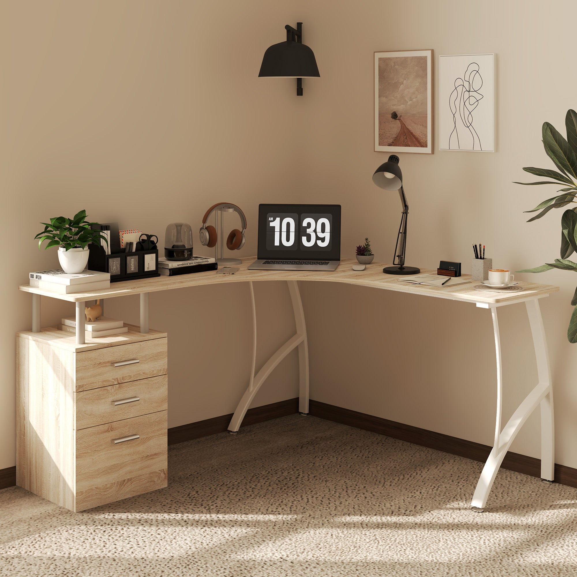 HOMCOM L Shaped Corner Desk With Three Drawer Cabinet And Melamine Surface For Home Office Use