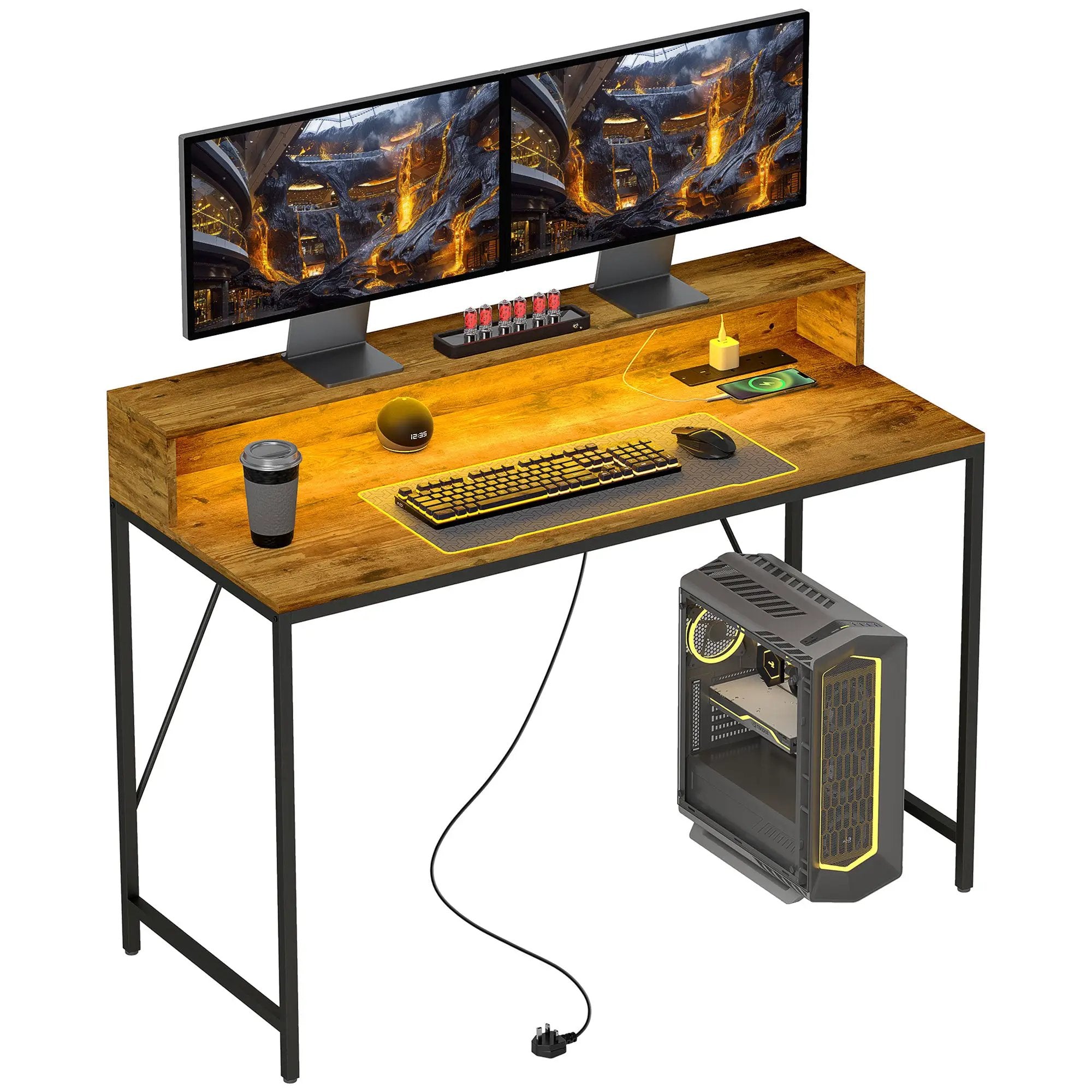 HOMCOM HOMCOM Computer Desk with LED Lights, Study Table with Shelf, Rustic Brown - Desk