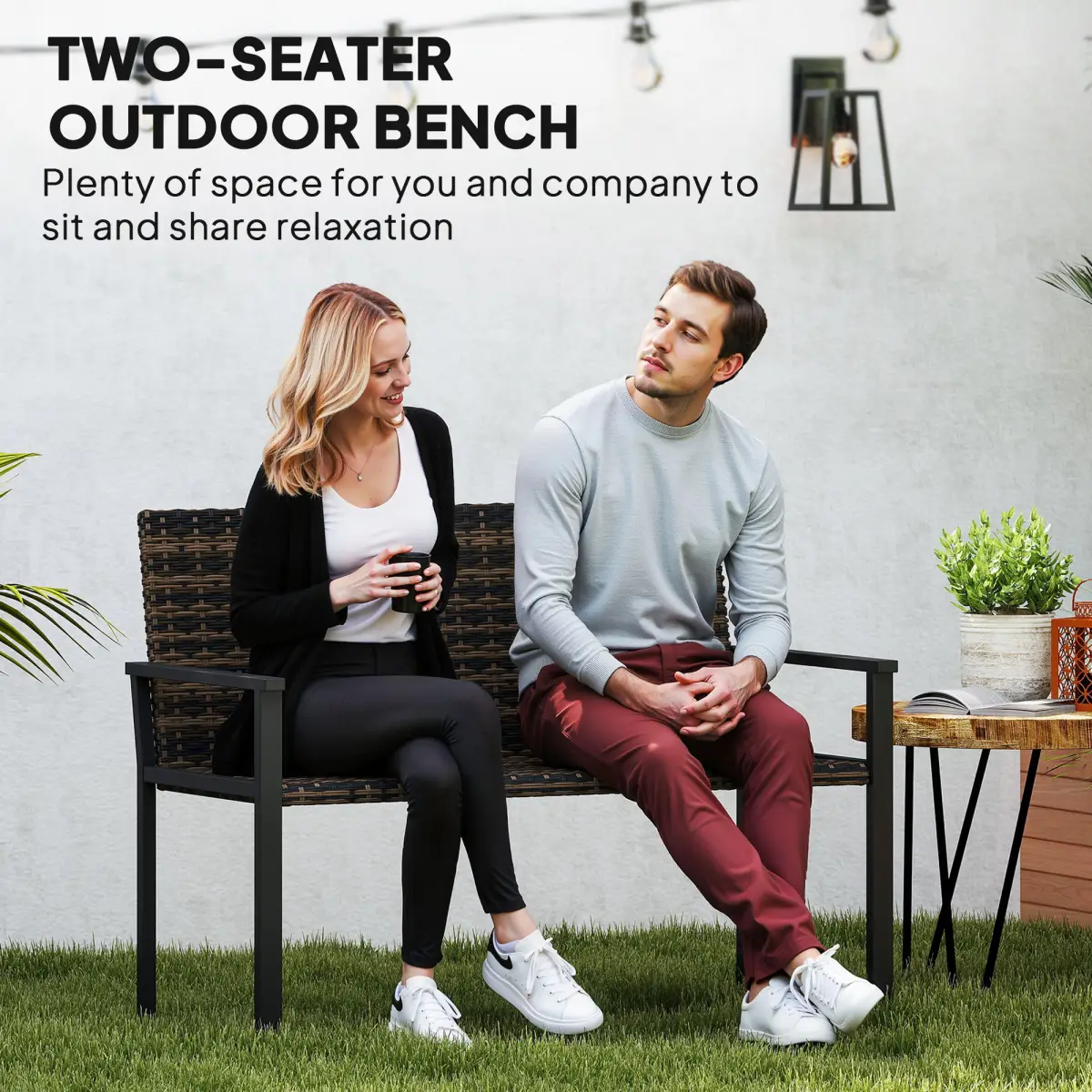 Outsunny Outsunny Rattan Garden Bench Loveseat with Quick-Drying Padding - Garden Chairs