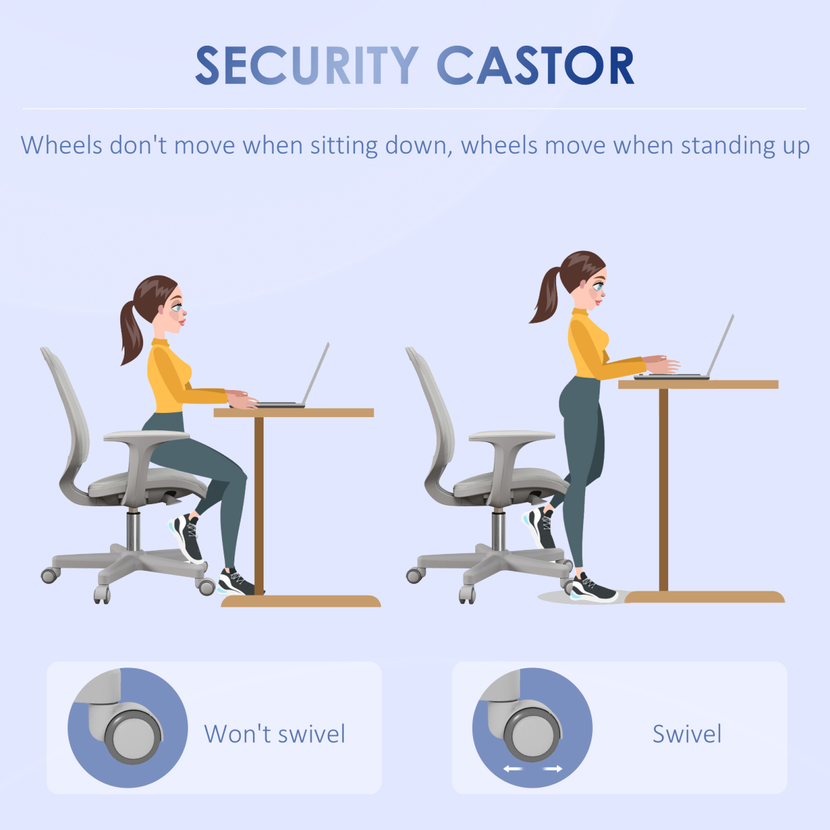 Vinsetto Office Chair Mesh Ergonomic 360 Swivel for Work: grey mesh chairs at desks show swivel and non-swivel castors.