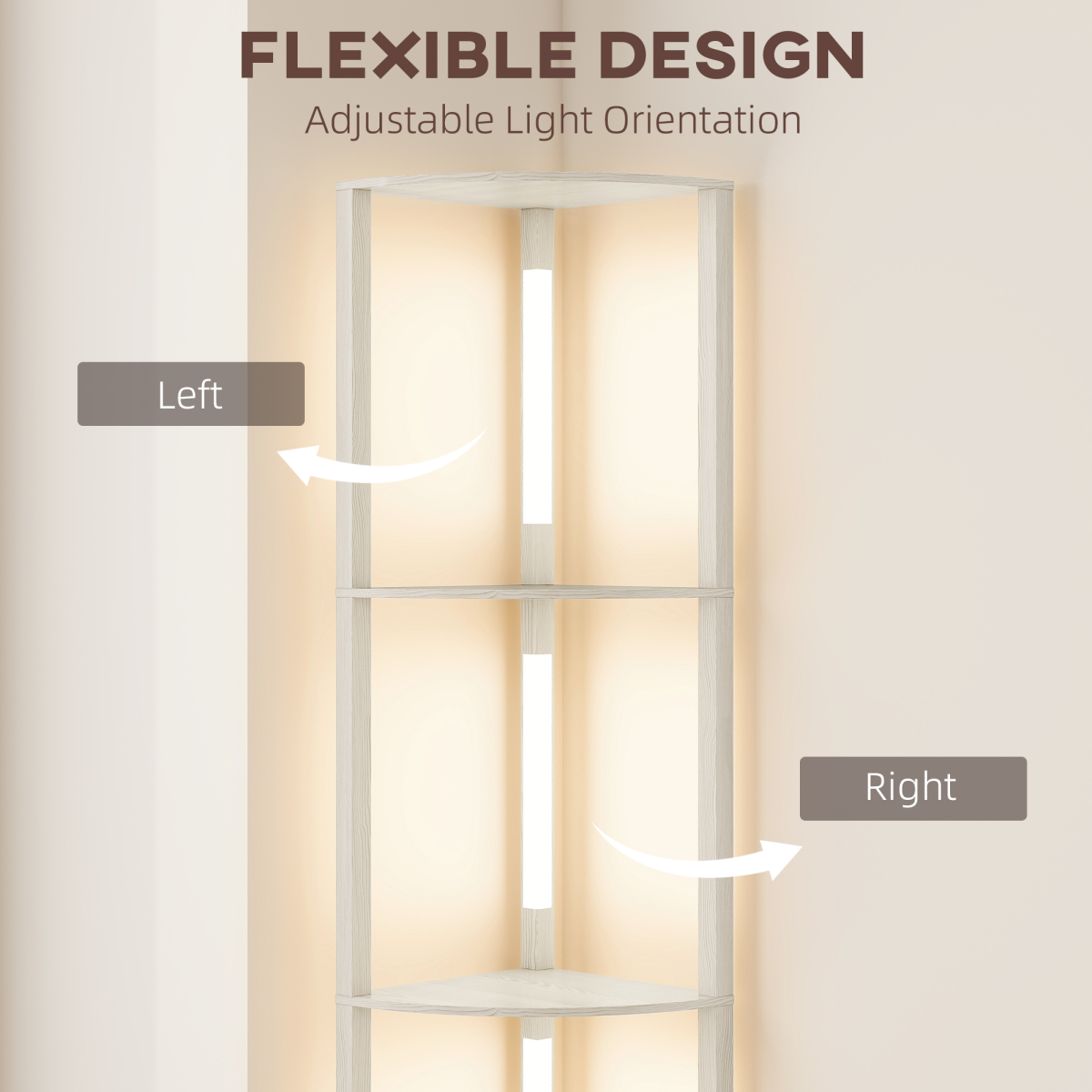 The HOMCOM Corner Floor Lamp with Dimmable Warm White LED Light features adjustable light orientation and three shelves for decor.