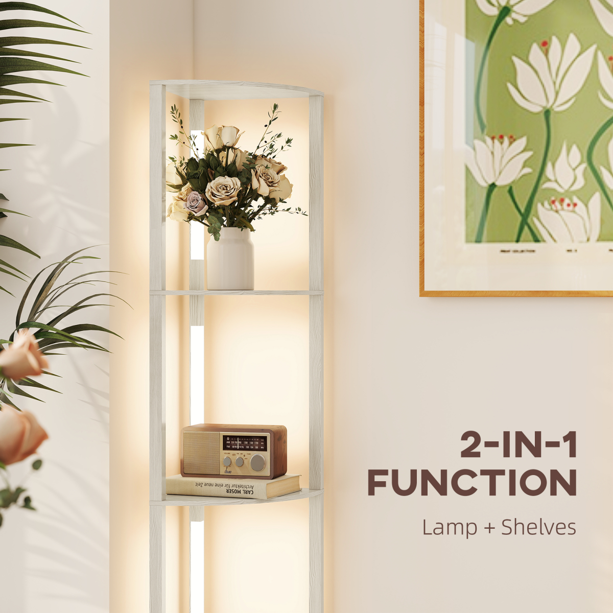 HOMCOM Corner Floor Lamp with Dimmable Warm White LED Light features three shelves, perfect for corner spaces and decor.