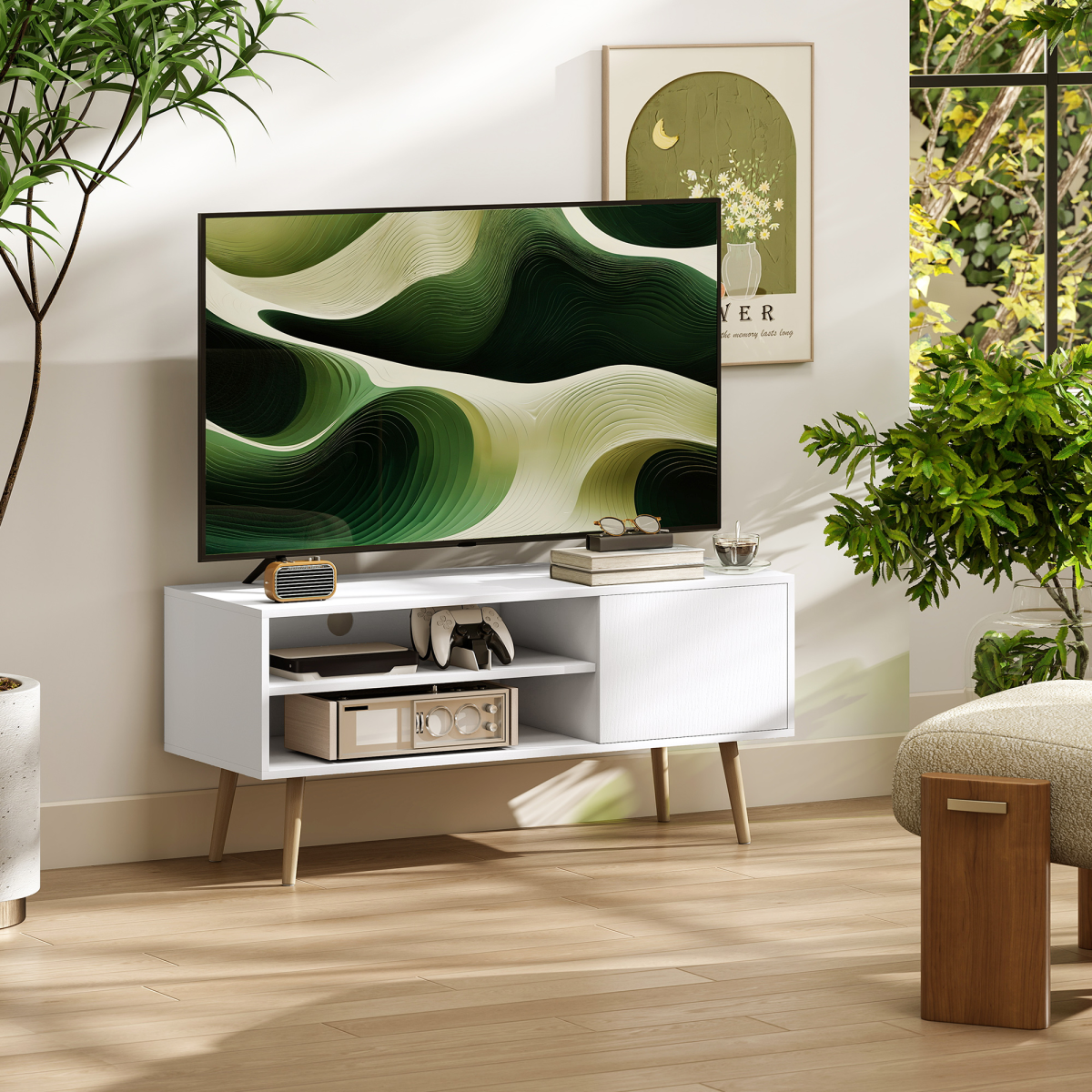 HOMCOM 55-inch TV unit cabinet with cupboard shelves in white two-tone wood finish, modern living room setup.