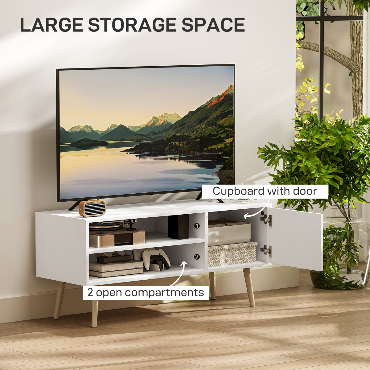 HOMCOM 55-Inch TV unit in white two-tone wood finish with open shelves and a cupboard door.