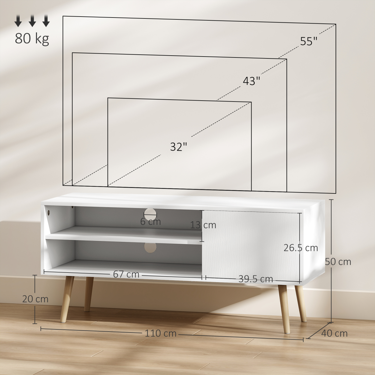 HOMCOM 55-inch TV unit with cupboard shelves in white two-tone wood finish, mid-century legs.