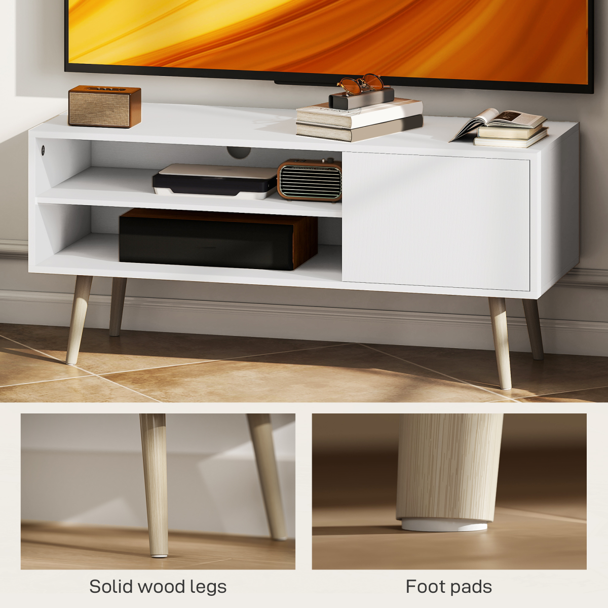HOMCOM 55-inch TV unit with cupboard shelves in white two-tone wood finish and solid wood legs.