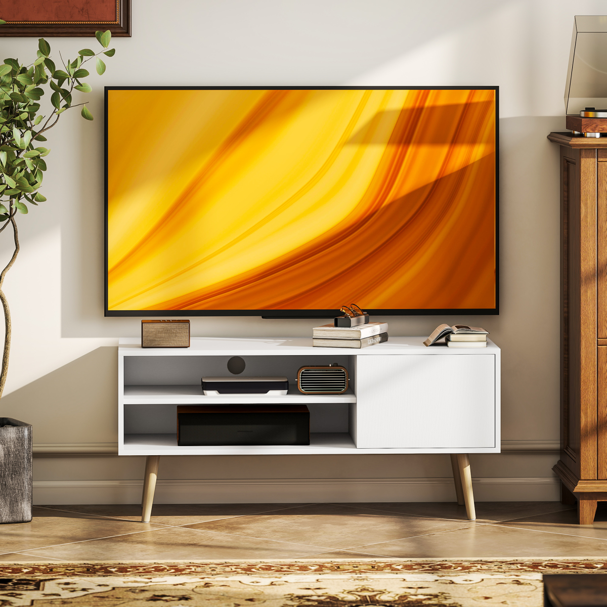 HOMCOM 55-Inch TV Unit Cabinet with cupboard shelves in white two-tone wood finish and mid-century legs