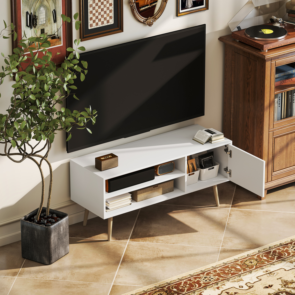 HOMCOM 55-Inch TV Unit Cabinet With Cupboard Shelves in white two-tone wood finish for media setup.