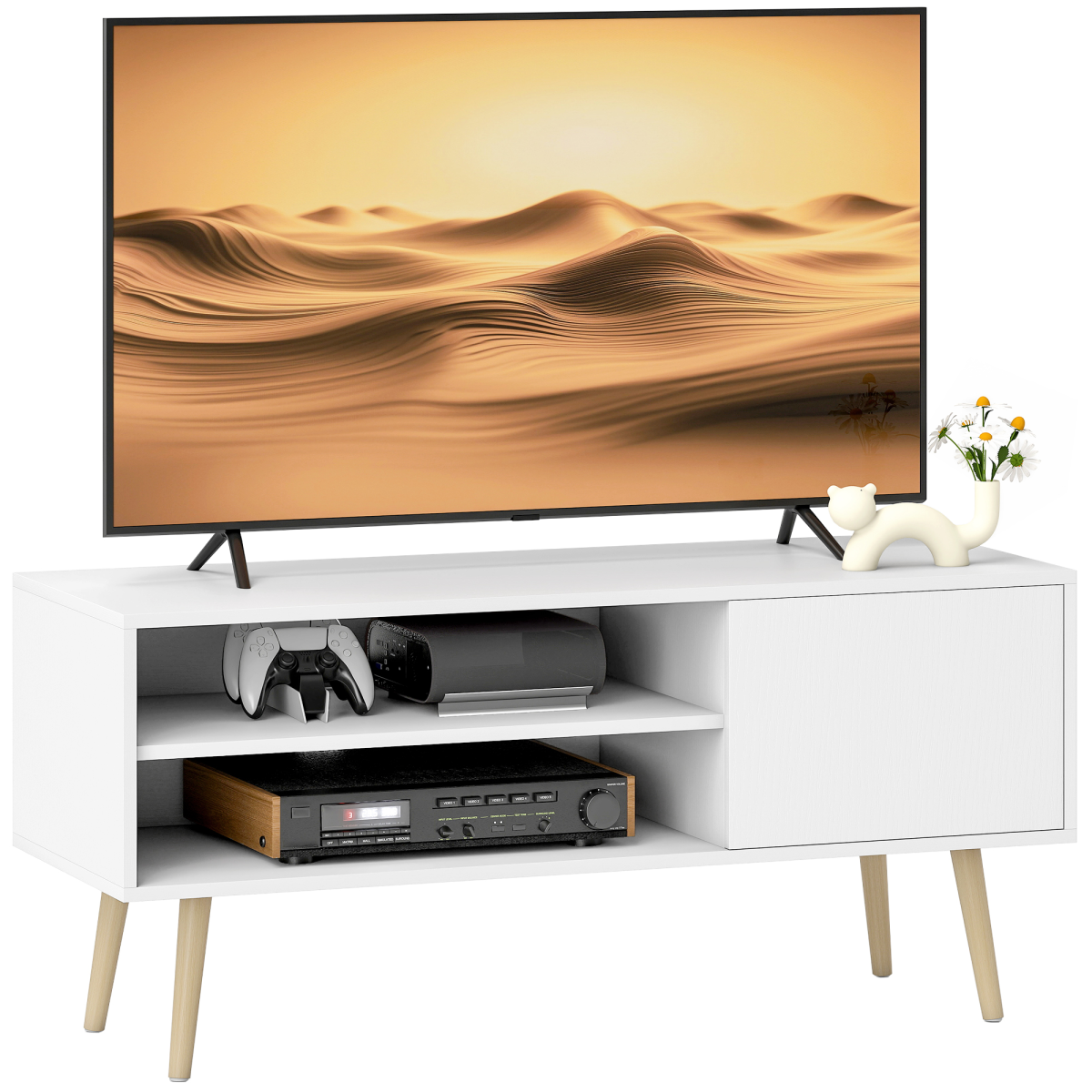 HOMCOM 55-inch white TV unit cabinet with closed cupboard and open shelves, two-tone wood effect, TV on top.