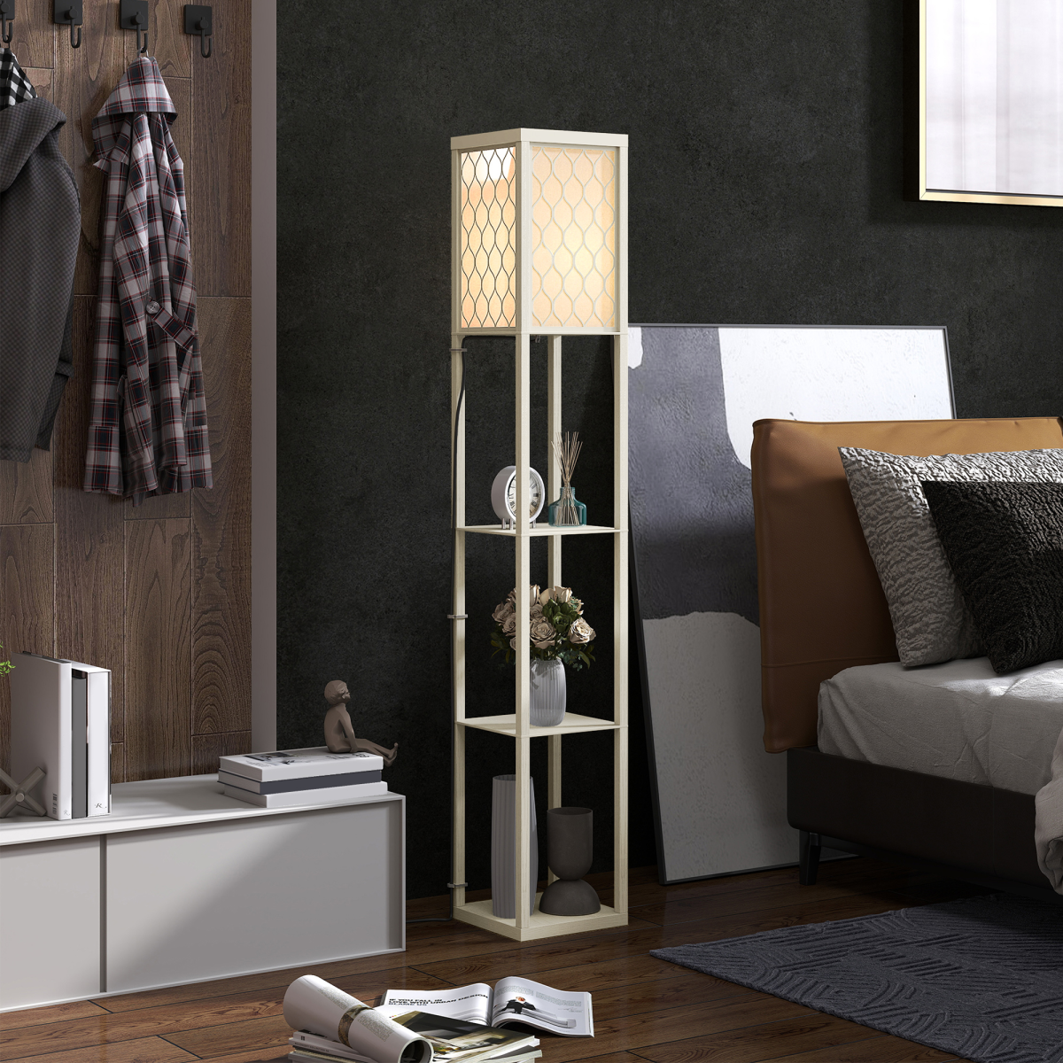 Stylish HOMCOM Modern Floor Lamp Light with 3 Shelves Fabric Lampshade enhances any room with storage and soft glow.