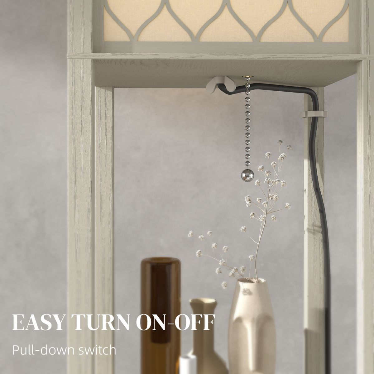 Illuminate your space with the HOMCOM Modern Floor Lamp Light with 3 Shelves Fabric Lampshade, featuring easy pull-down switch.