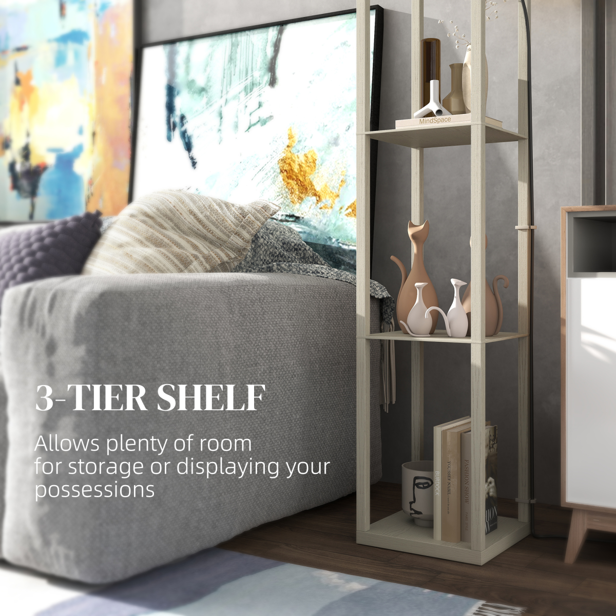 HOMCOM Modern Floor Lamp Light with 3 Shelves Fabric Lampshade complements any room with stylish storage and soft lighting.