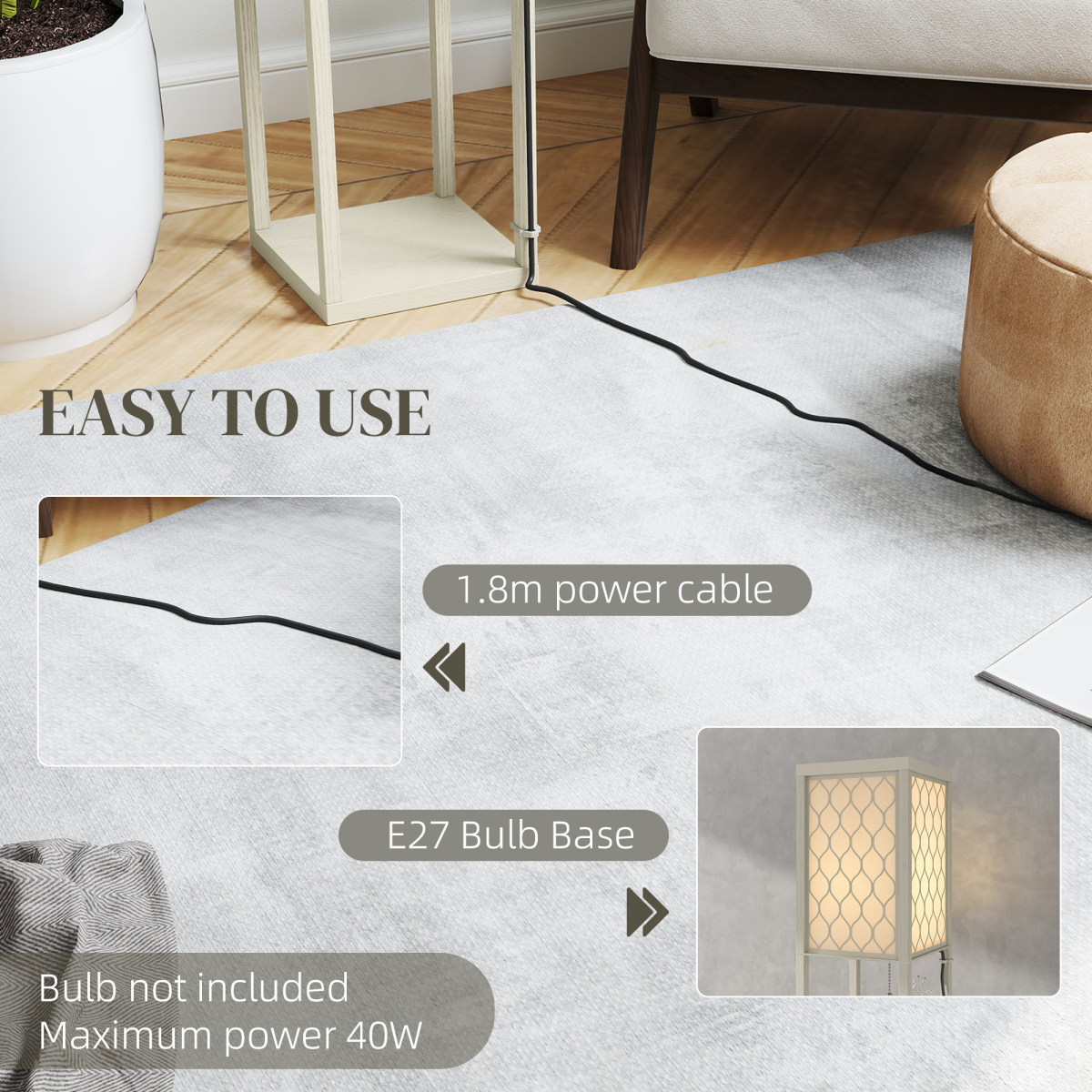 HOMCOM Modern Floor Lamp Light with 3 Shelves Fabric Lampshade features a sleek design and practical shelving for display.