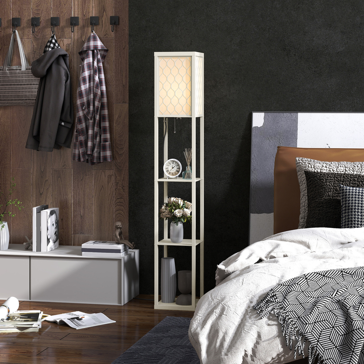 HOMCOM Modern Floor Lamp Light with 3 Shelves Fabric Lampshade complements storage while adding warm, soft lighting.