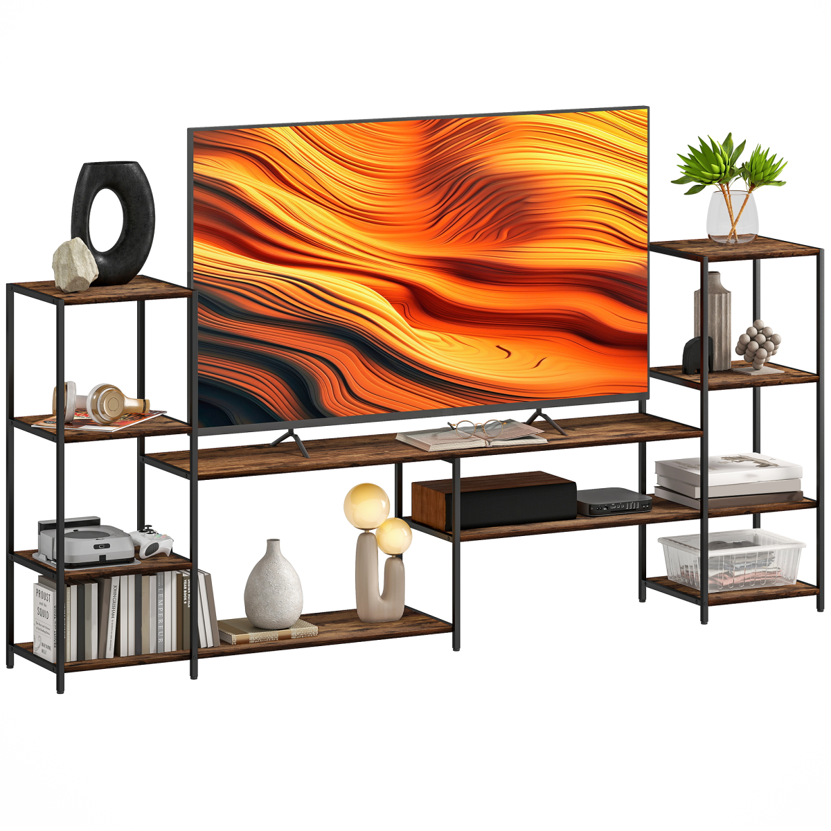 HOMCOM industrial rustic brown TV stand for 60-inch TV with eight side shelves and central storage.