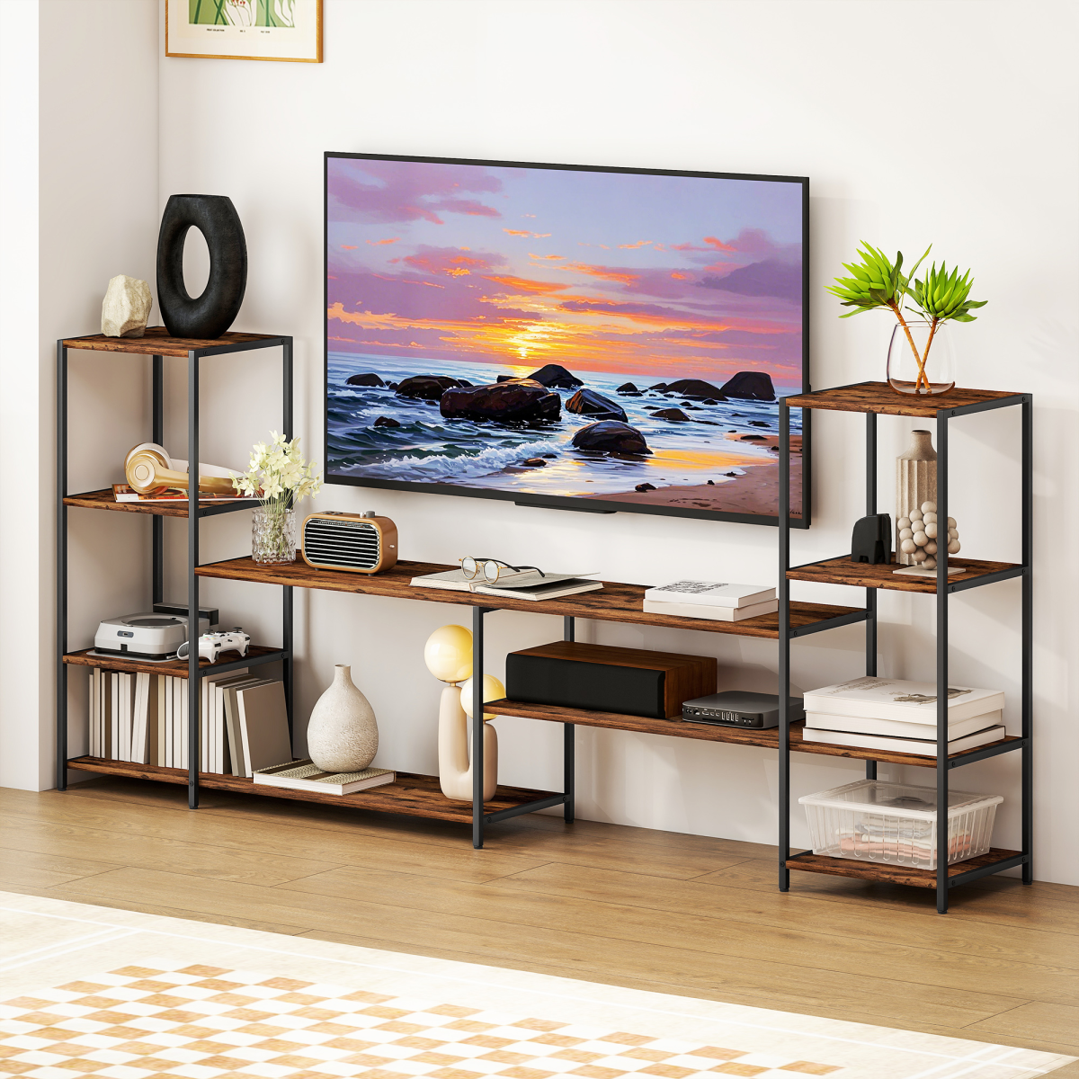 Industrial rustic brown TV stand and side towers with open shelves for a 60-inch TV and media storage.