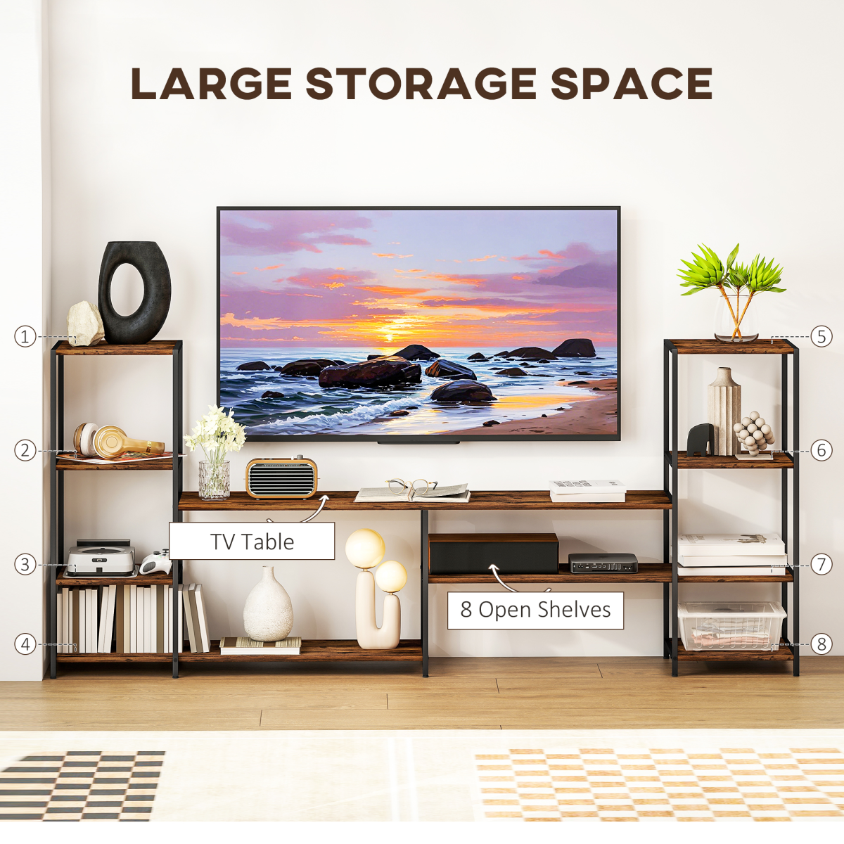 HOMCOM industrial rustic brown TV stand for 60-inch TV with eight open shelves