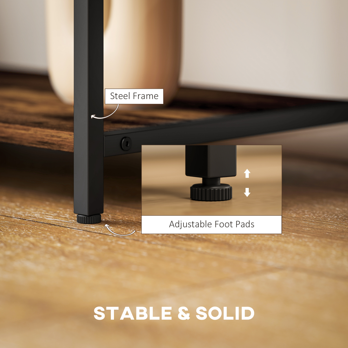 HOMCOM industrial rustic TV stand for a 60-inch TV with steel frame and adjustable foot pads.