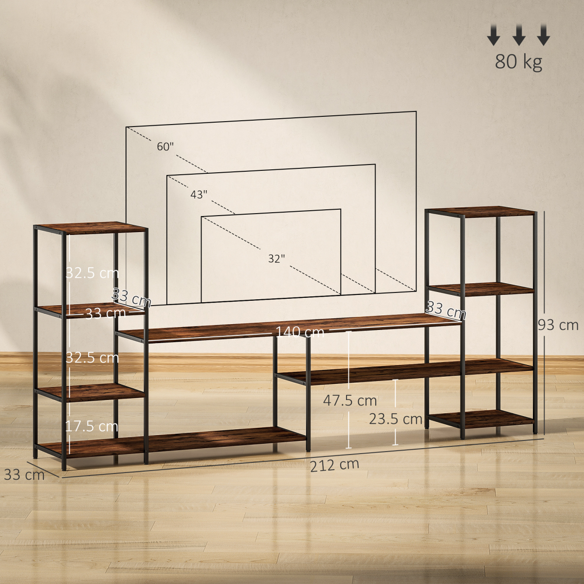 HOMCOM 60-inch industrial rustic TV stand with wide top and eight side shelves for media devices and decor.