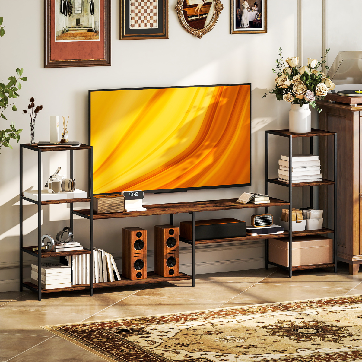 Industrial HOMCOM TV stand for 60-inch TV with a wide top and eight side shelves for media storage.