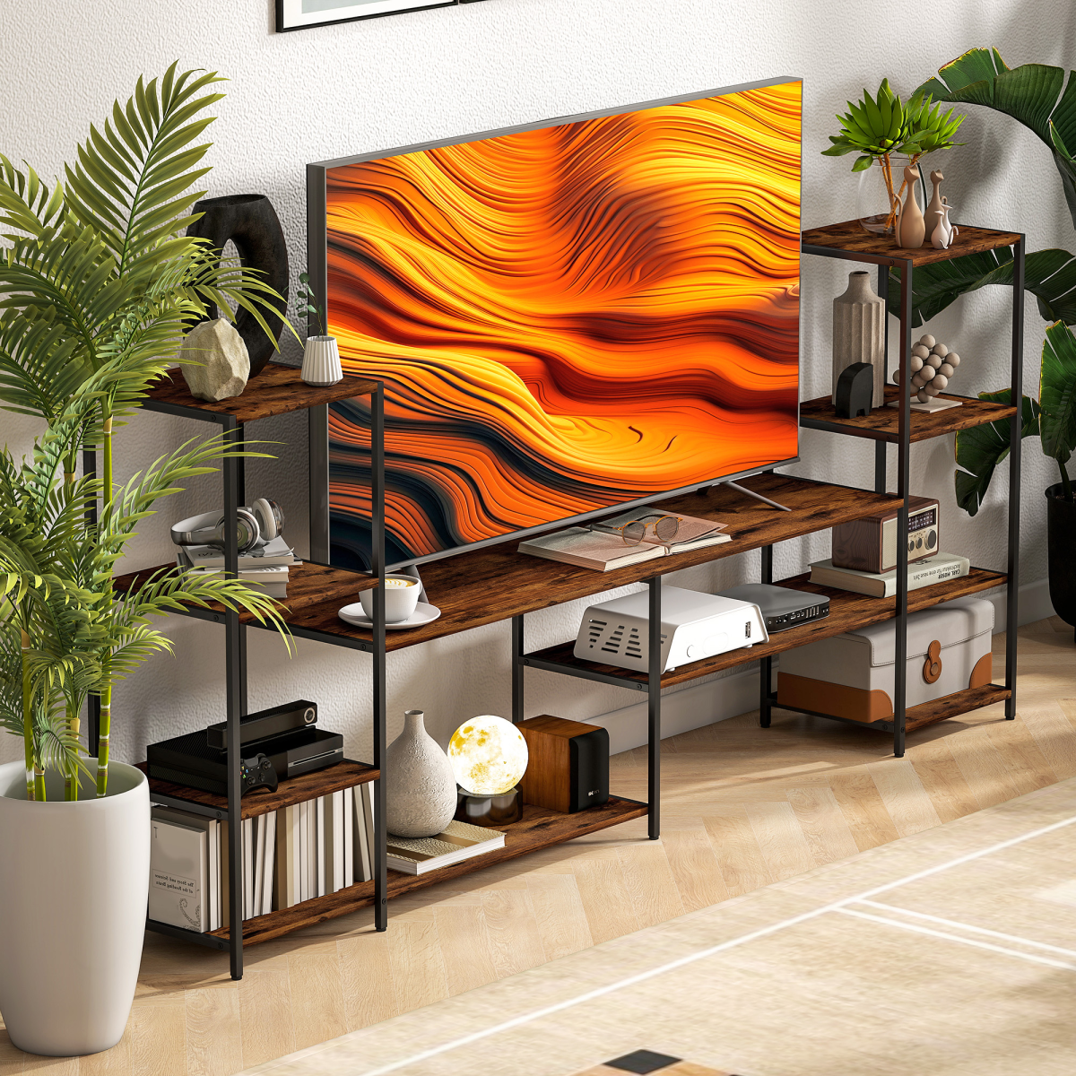 HOMCOM industrial rustic TV stand for 60-inch TV with eight open shelves for media devices and decor storage.