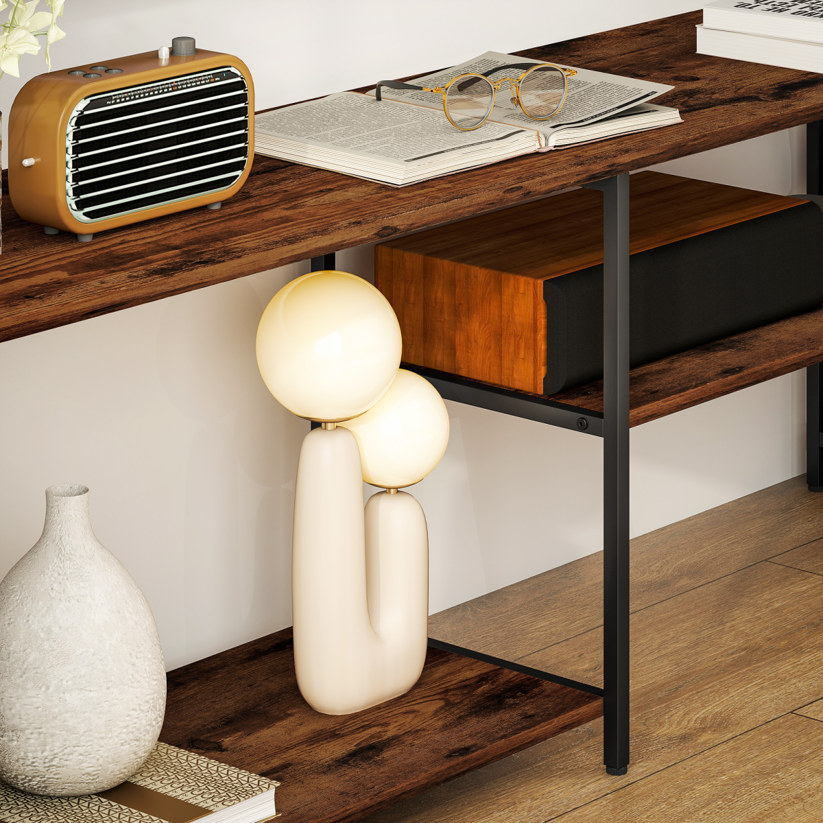 HOMCOM industrial rustic brown TV stand for 60-inch TV with eight side shelves and open storage.