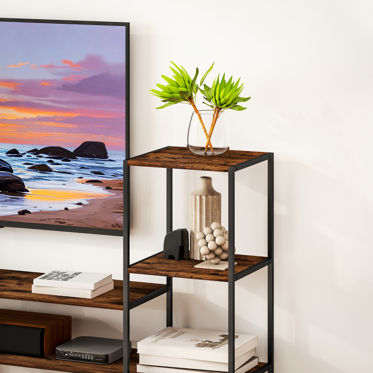HOMCOM 60-inch TV stand in industrial rustic brown with open shelves for media devices and decor.