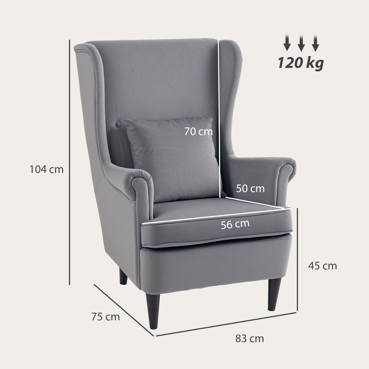 HOMCOM Wingback Chair 70cm High Velvet Comfort Living Room, gray velvet with high back and cushioned seat.