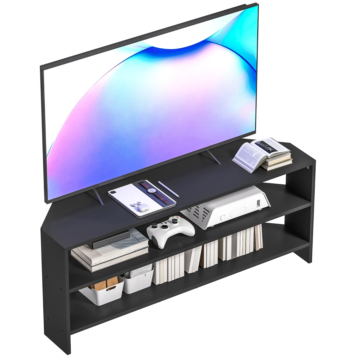 HOMCOM Corner TV Stand 47 Inch, black with TV on top and two open shelves for media storage.