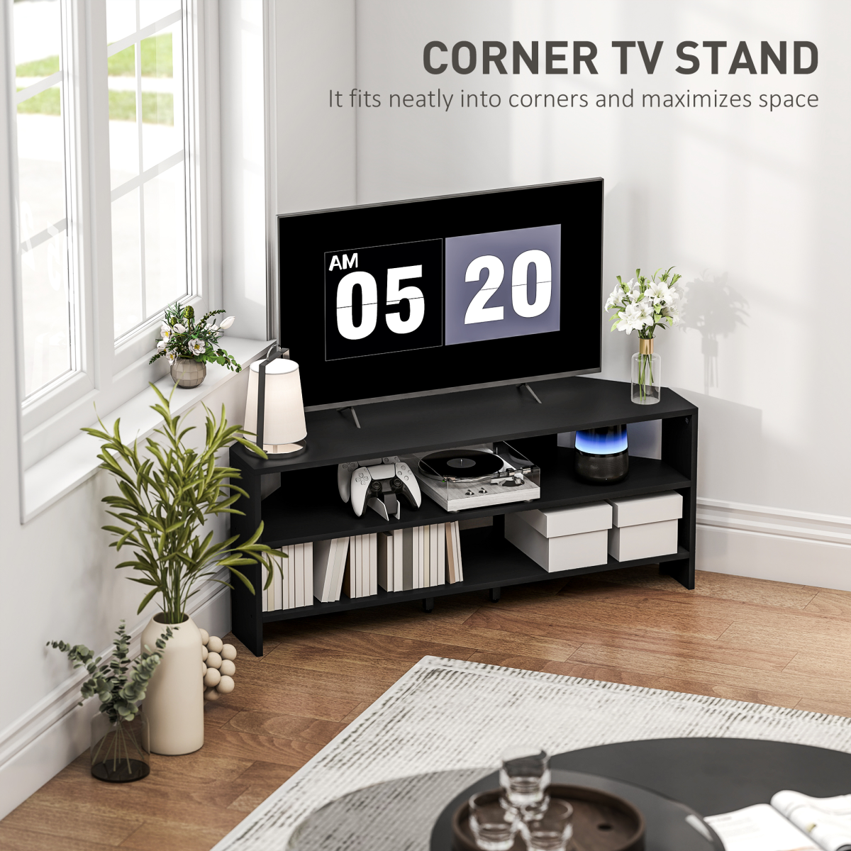 HOMCOM Corner TV Stand for 47-Inch TV with two open shelves in a living room corner setup.