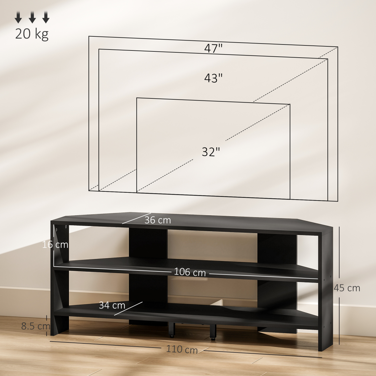 HOMCOM Corner TV Stand for TVs up to 47 inches with open shelves, black finish, space-saving corner design.