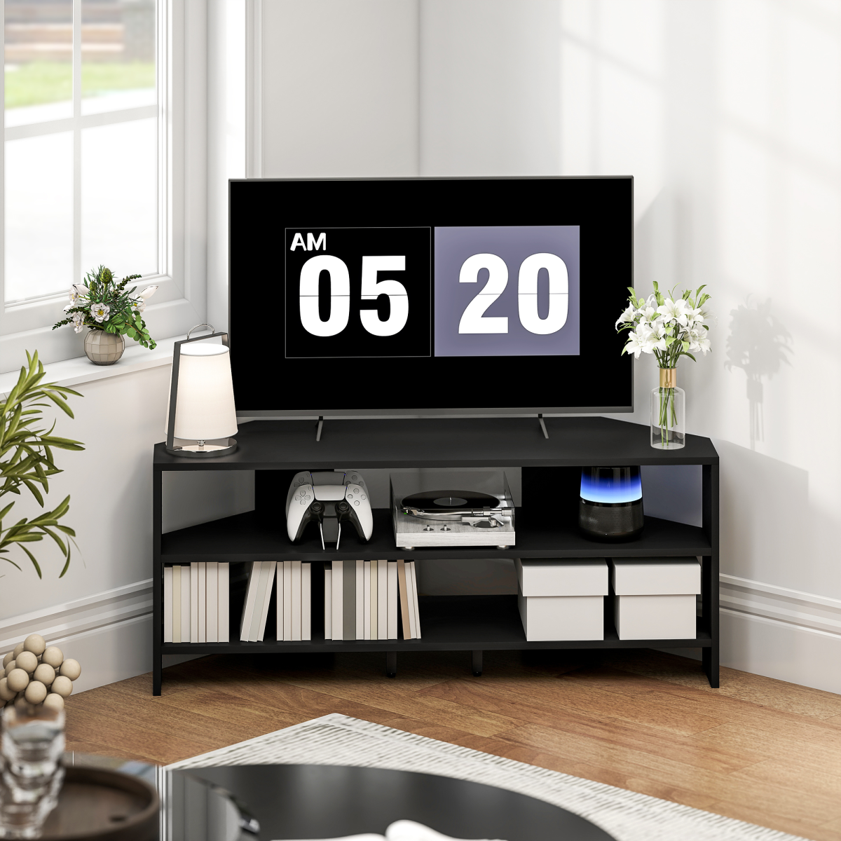 HOMCOM Corner TV Stand 47 Inch TV with open shelves in a living room.