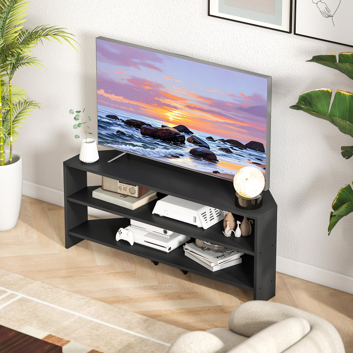 HOMCOM Corner TV Stand 47-Inch with open shelves, space-saving black unit for TVs up to 47 inches in a living room.