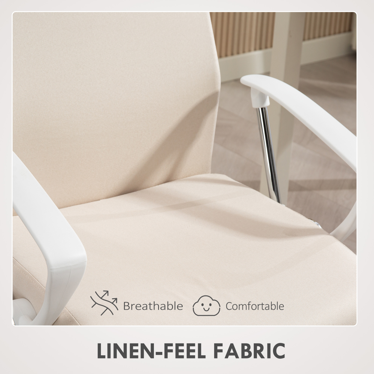 HOMCOM High Back Office Chair Adjustable Tilt For Home in linen-feel fabric with white arms, ergonomic and comfortable.