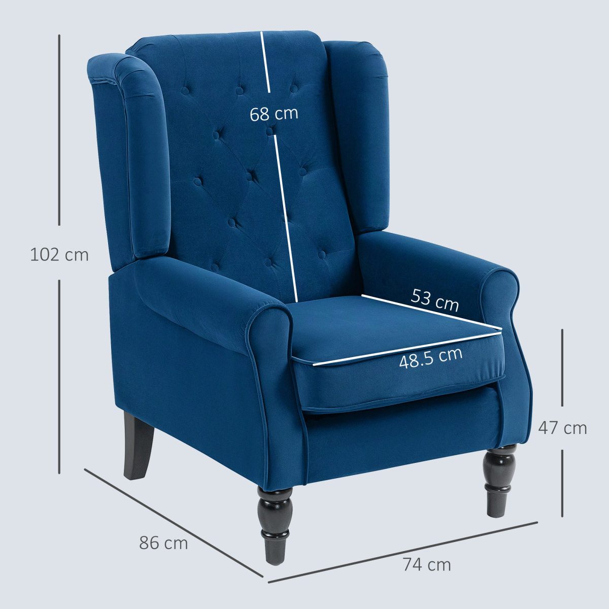 HOMCOM Wingback Accent Chair Tufted Retro Upholstery - blue high-back tufted chair with piping and wooden legs.